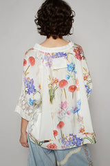 POL Floral V-Neck Raw Edge T-Shirt with Lace Detail OutfitFlow