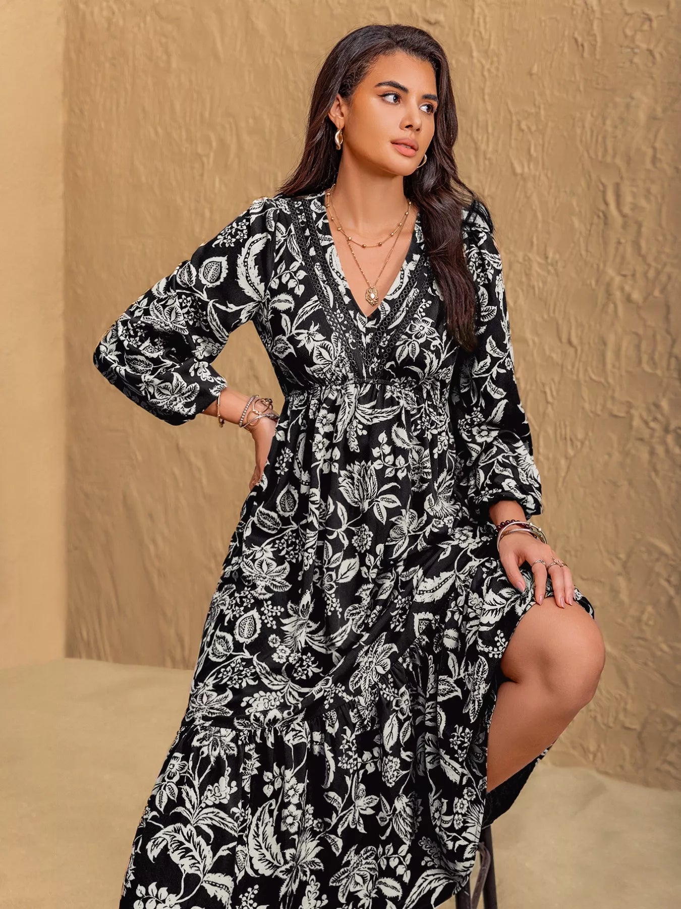 Floral Print V-Neck Long Sleeve Ruffle Hem Midi Dress OutfitFlow