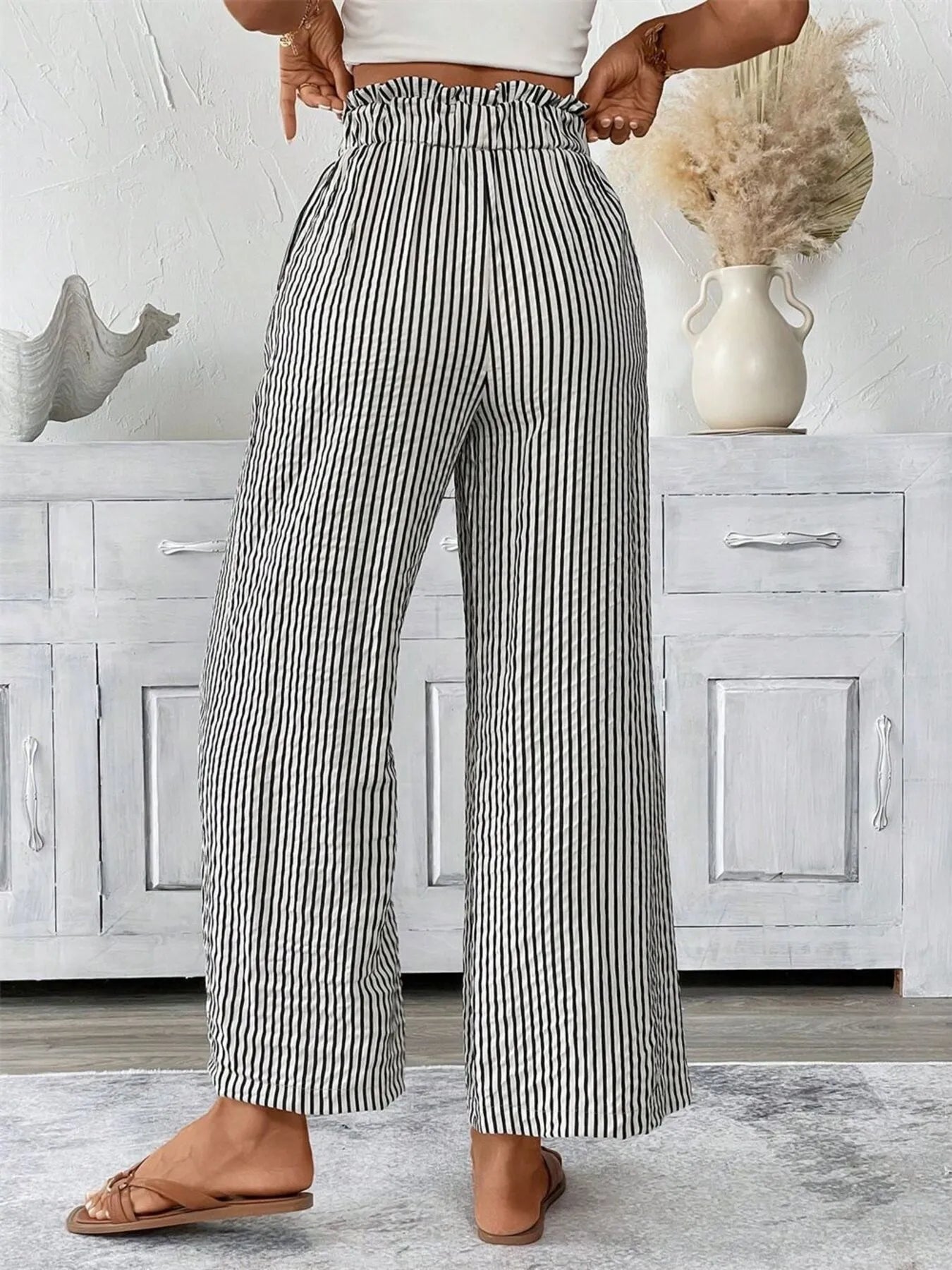 Full Size Striped Wide Leg Paper Bag Pants Plus Size OutfitFlow