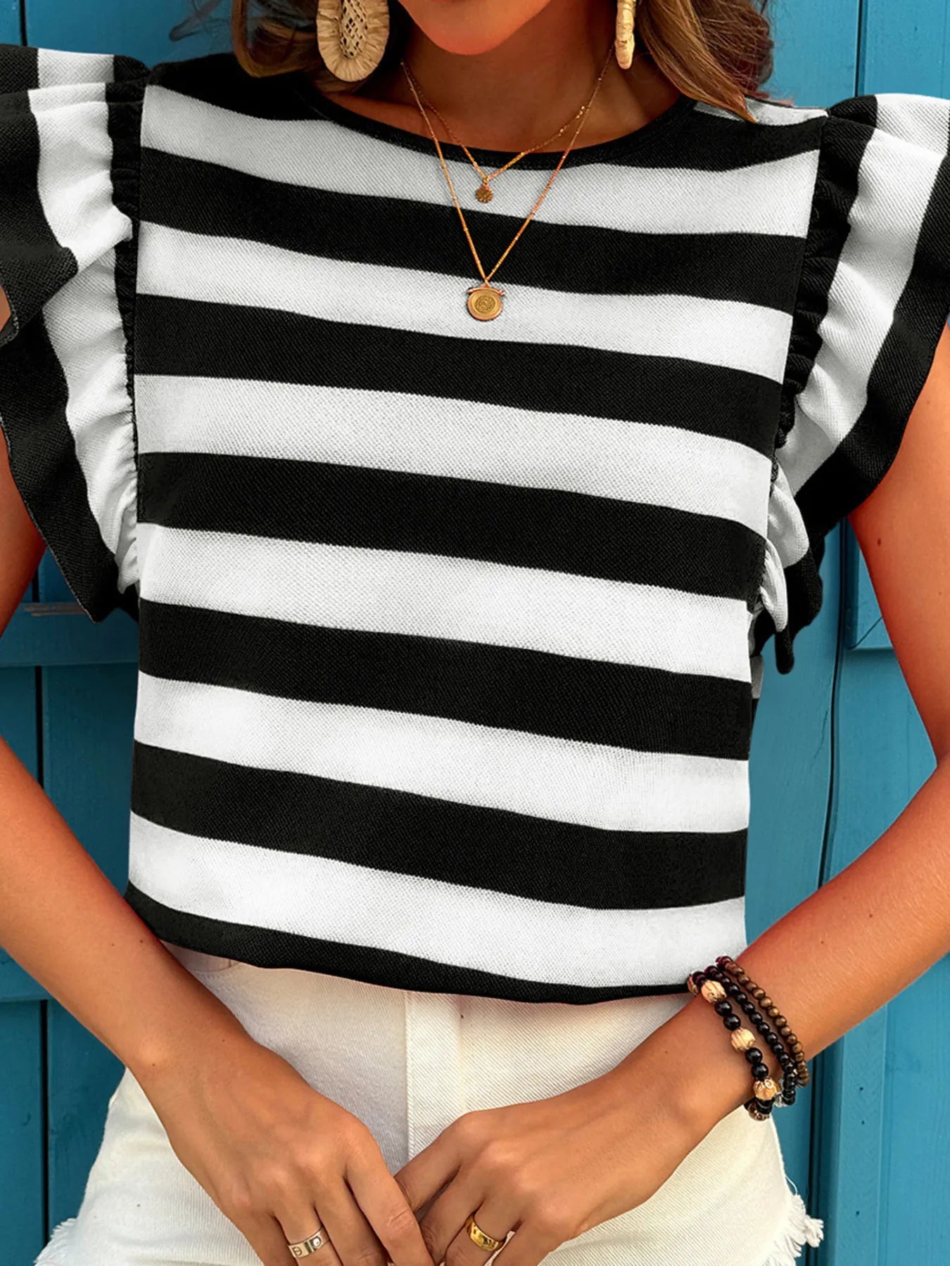 Contrast Striped Ruffle Sleeve T-Shirt OutfitFlow