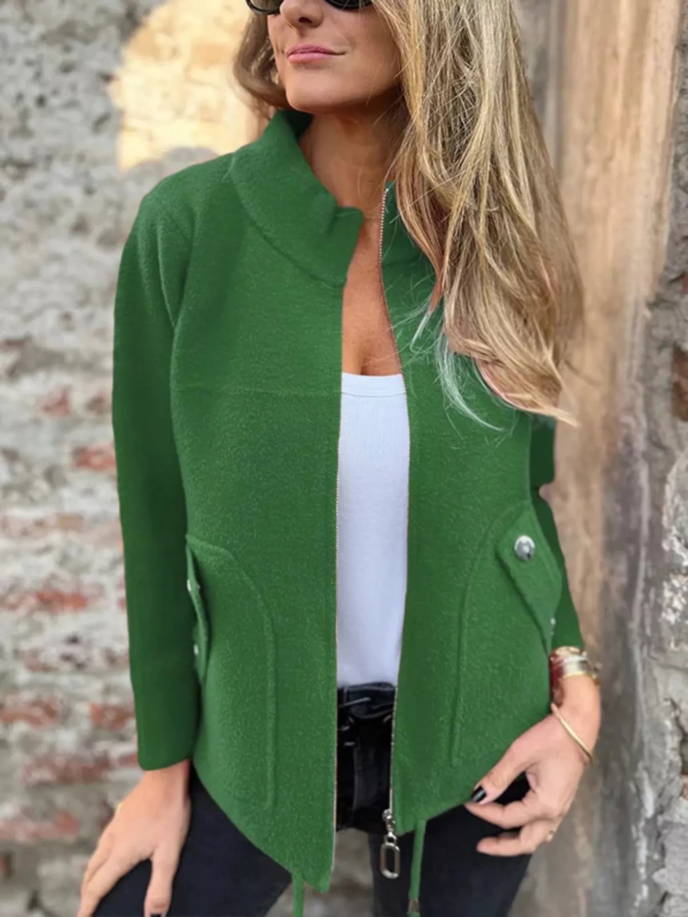 Full Size Textured Knit Zip Up Outerwear Plus Size Green Trendsi