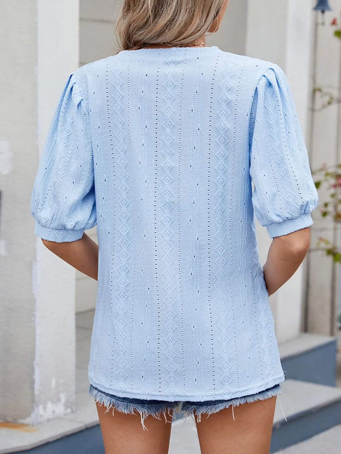 Puff Sleeve V-Neck Eyelet Lace T-Shirt OutfitFlow