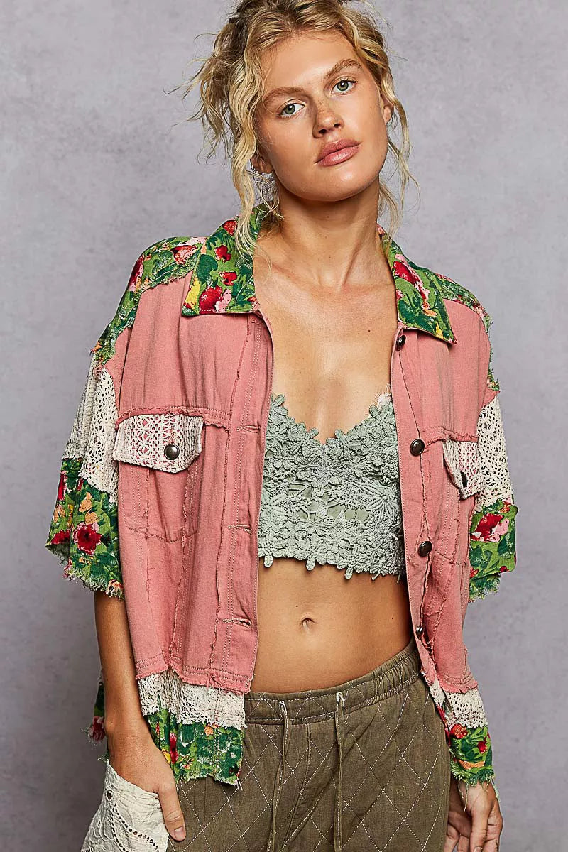 POL Lace Patch Floral Half Sleeve Shacket Trendsi