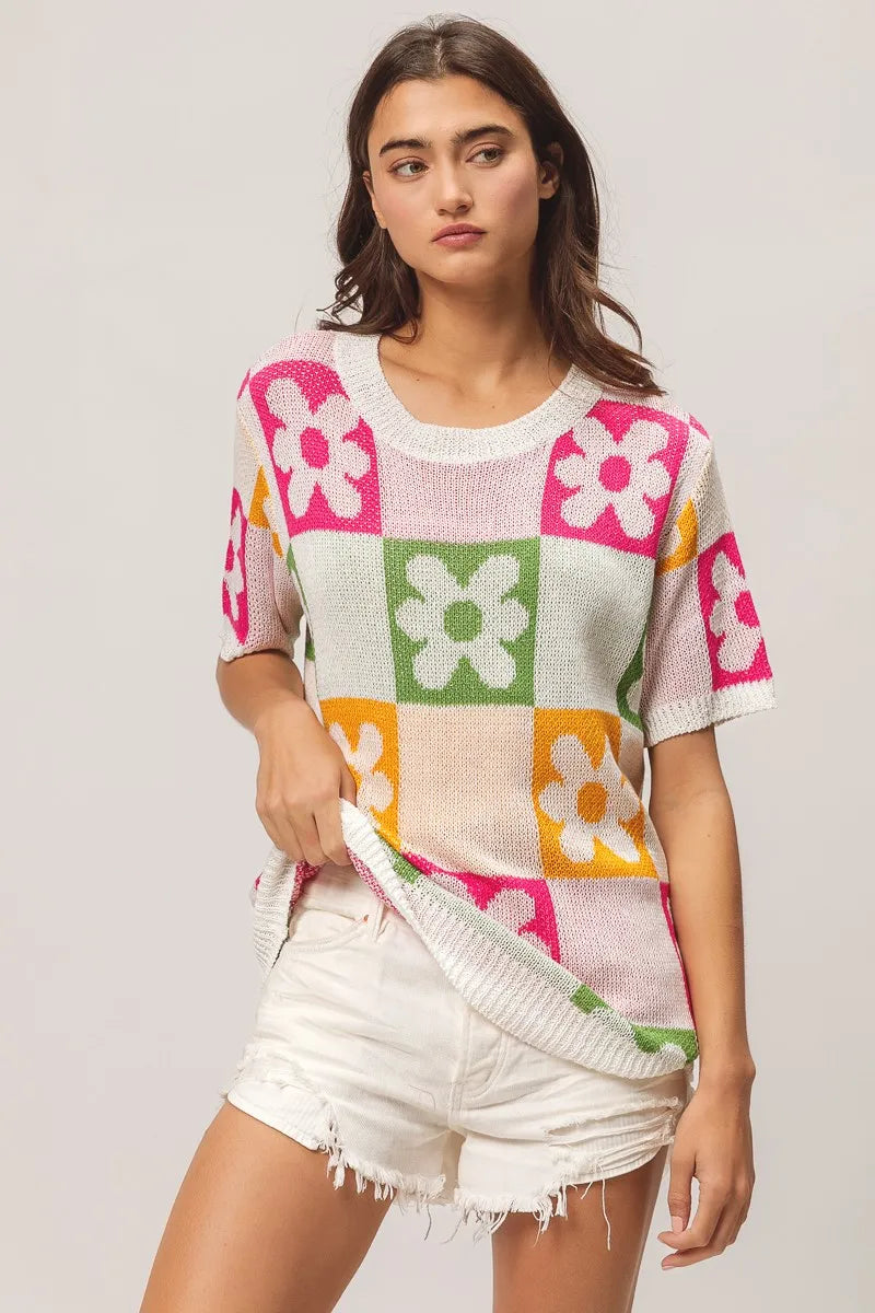 BiBi Flower Checker Pattern Lightweight Sweater Top OutfitFlow