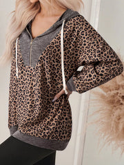 Ribbed Leopard Print Contrast Collar Zip Hoodie OutfitFlow