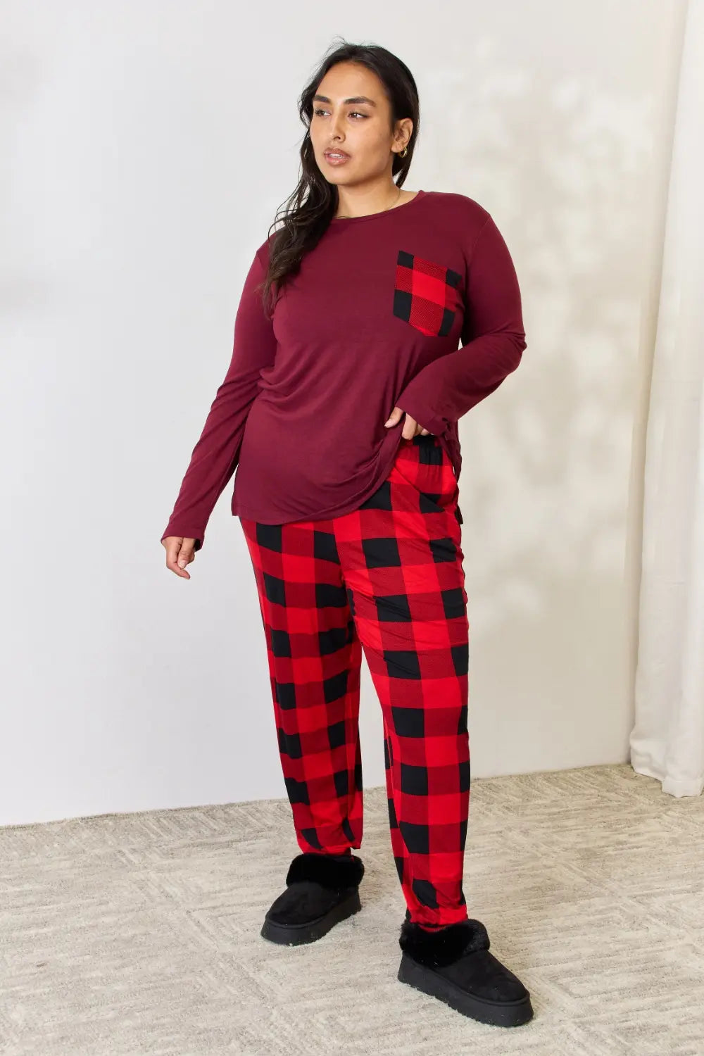 Zenana Full Size Plaid Round Neck Top and Pants Pajama Set OutfitFlow