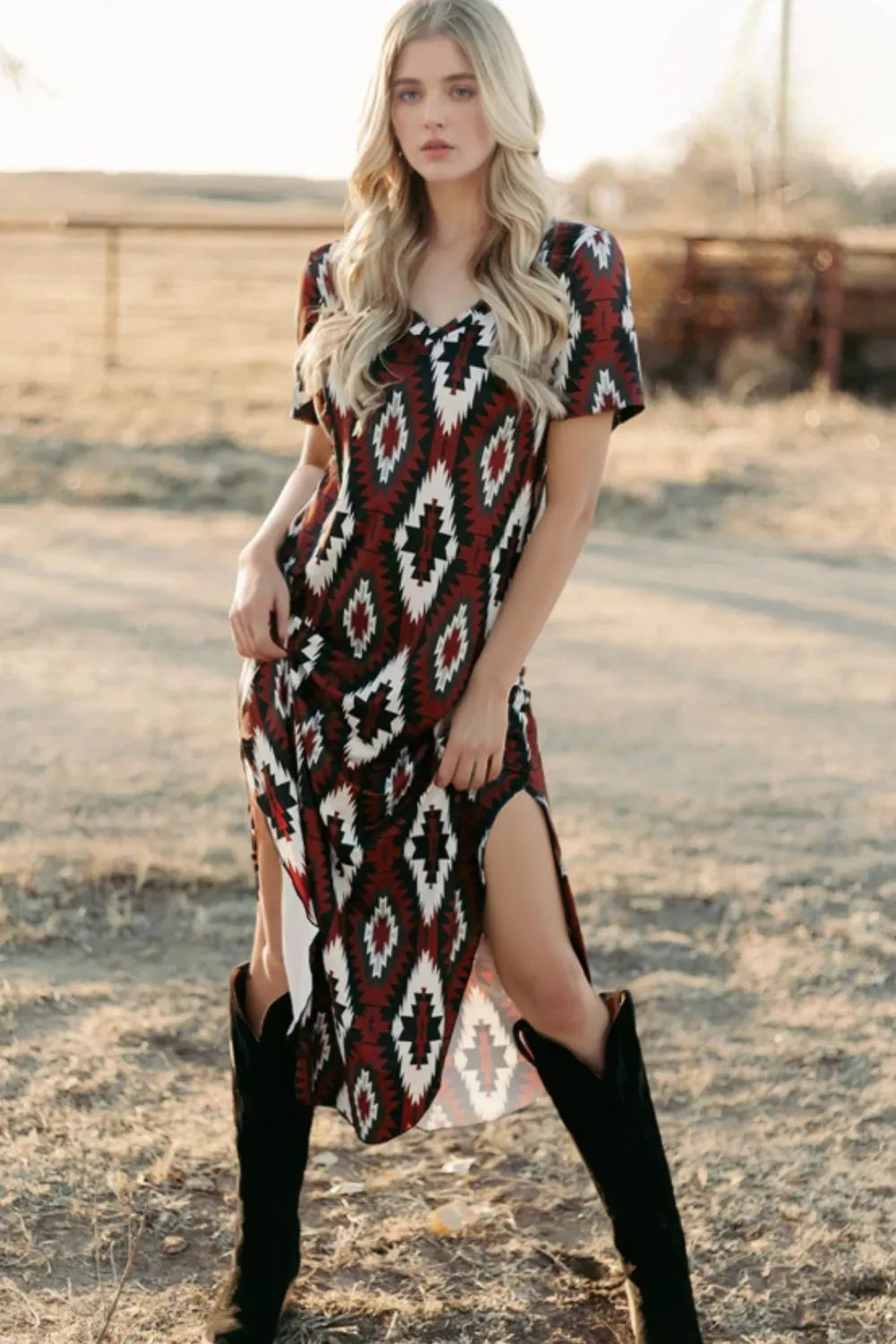 Aztec Print V-Neck Midi Dress Burgundy OutfitFlow