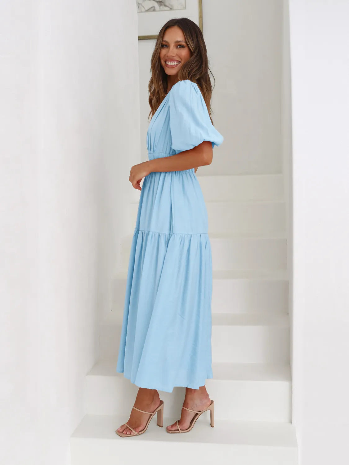 Surplice Half Puff Sleeve Midi Dress OutfitFlow