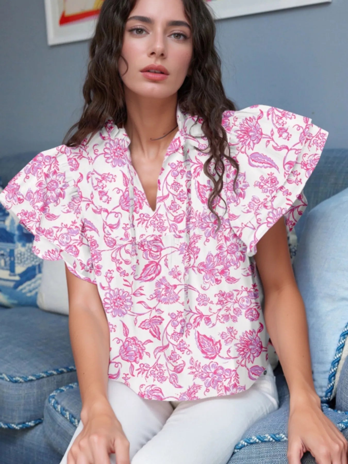 Floral Butterfly Sleeve Blouse Blush Pink OutfitFlow