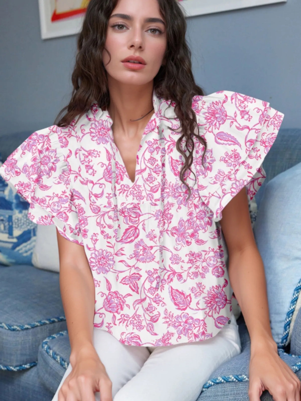 Floral Butterfly Sleeve Blouse Blush Pink OutfitFlow