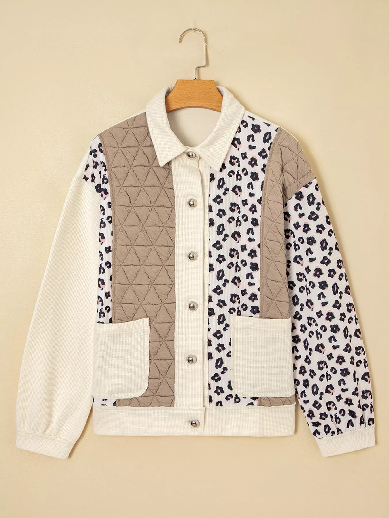 Leopard Waffle Quilted Patchwork Button Front Jacket OutfitFlow