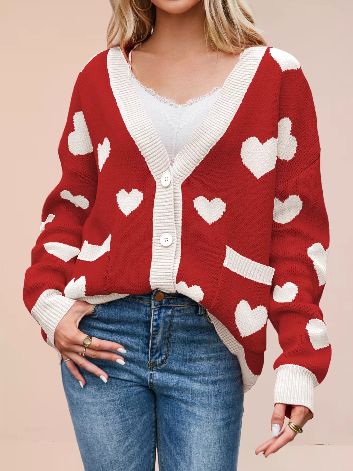 Heart Pattern Button-Up Knit Cardigan OutfitFlow