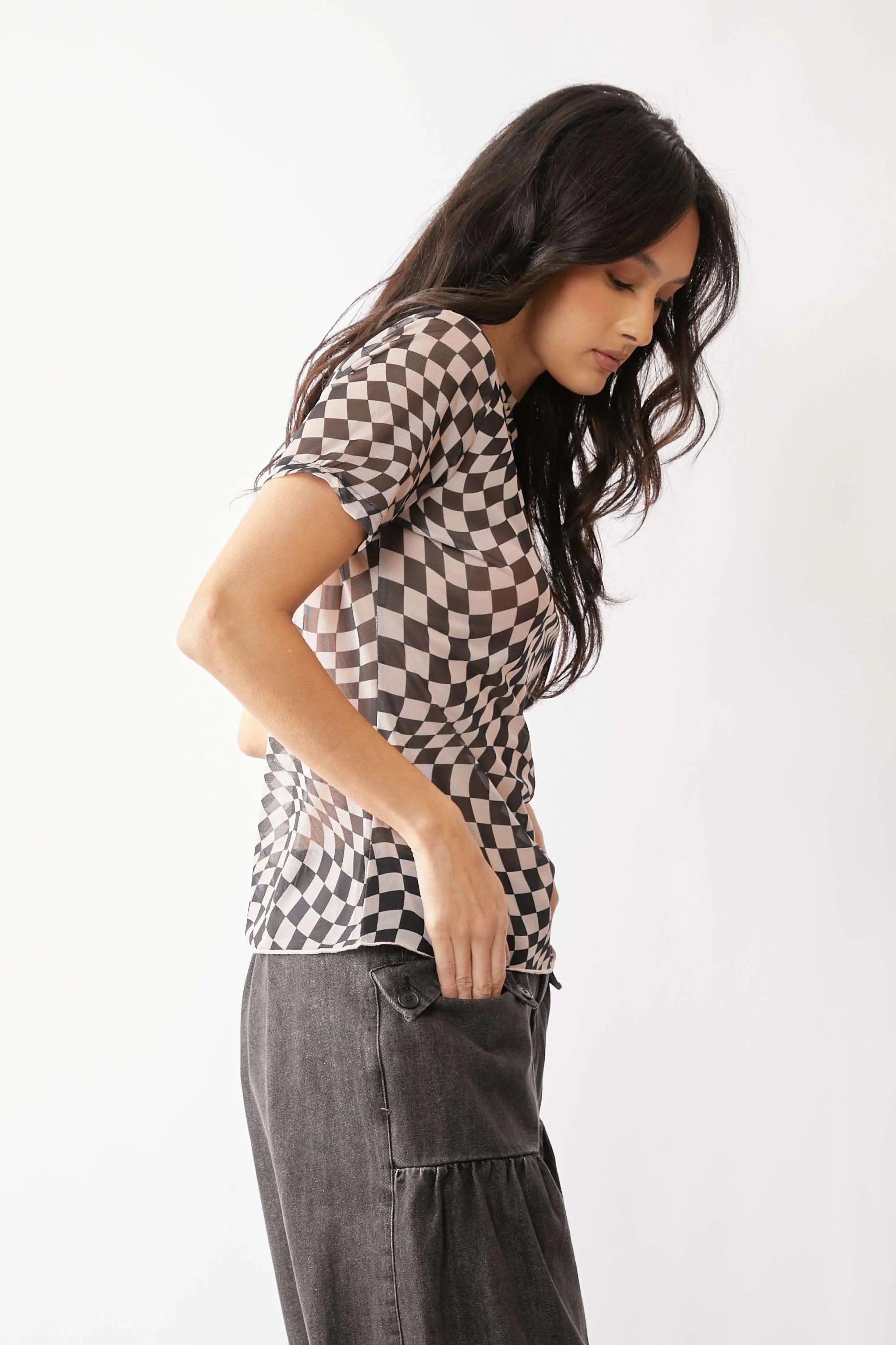 Davi & Dani Checker Board Printed Mesh Short Sleeve Top OutfitFlow