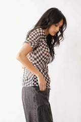 Davi & Dani Checker Board Printed Mesh Short Sleeve Top OutfitFlow