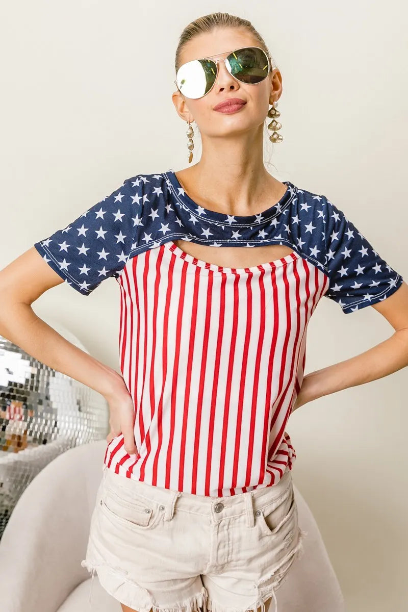 BiBi American Flag Theme Front Cut Out Top OutfitFlow