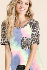BiBi Tie Dye Knit Top with Leopard Raglan Sleeves OutfitFlow