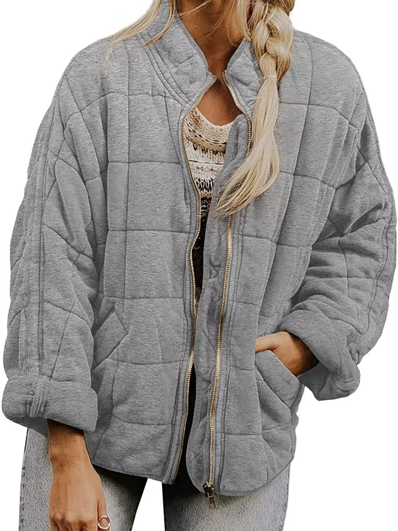 Full Size Zip Up Quilted Bomber Jacket Plus Size Light Gray Trendsi