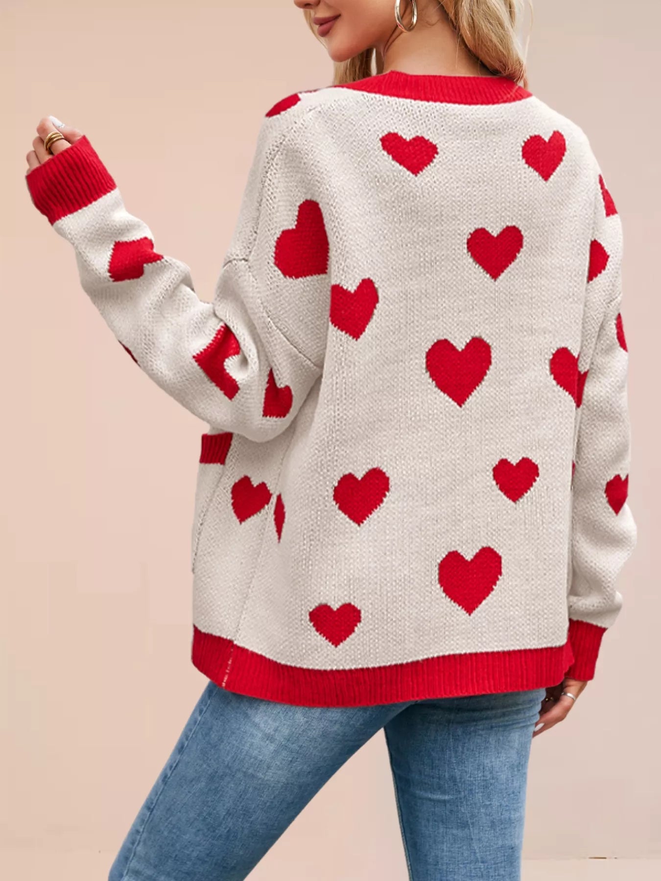 Heart Pattern Button-Up Knit Cardigan OutfitFlow