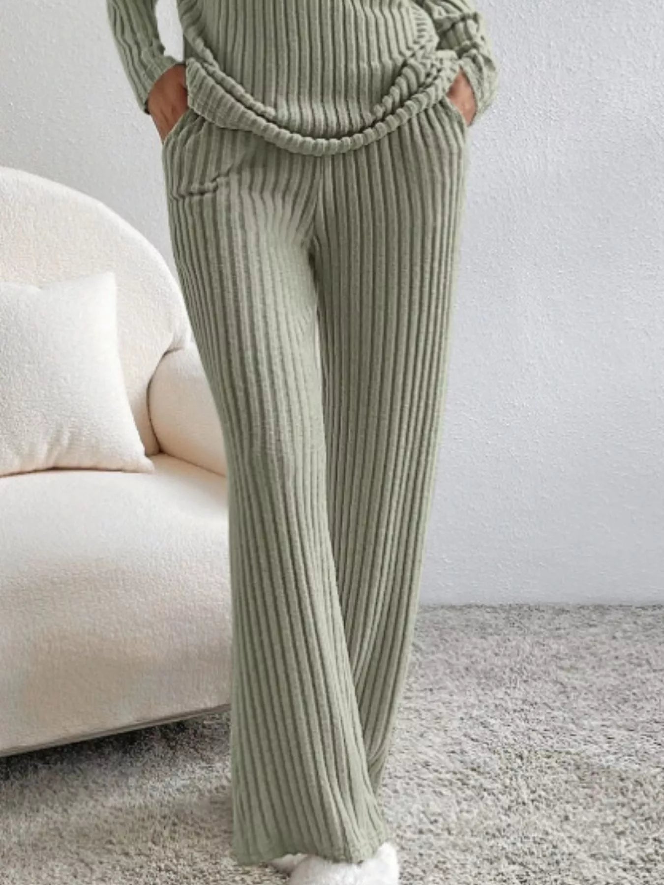 Ribbed Knit Long Sleeve Top and Pants Set OutfitFlow