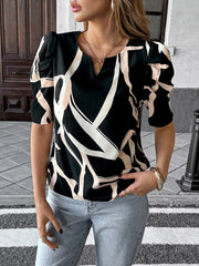Abstract Print Puff Sleeve Notched Blouse OutfitFlow