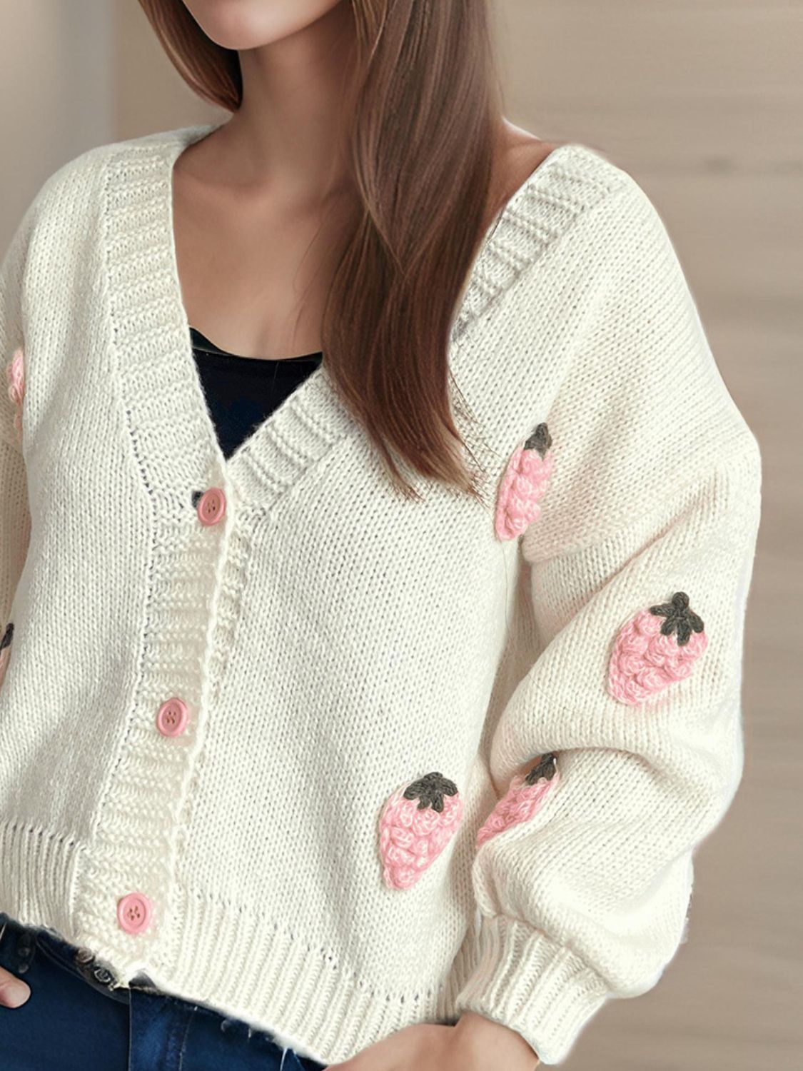 Crochet Strawberry V-Neck Long Sleeve Cardigan