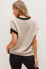 Outfit Flow - Contrast Trim Round Neck Cap Sleeve Knit Top