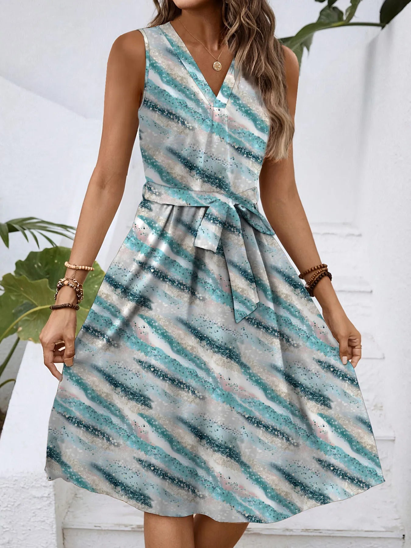 V-Neck Sleeveless Tie Waist Dress OutfitFlow