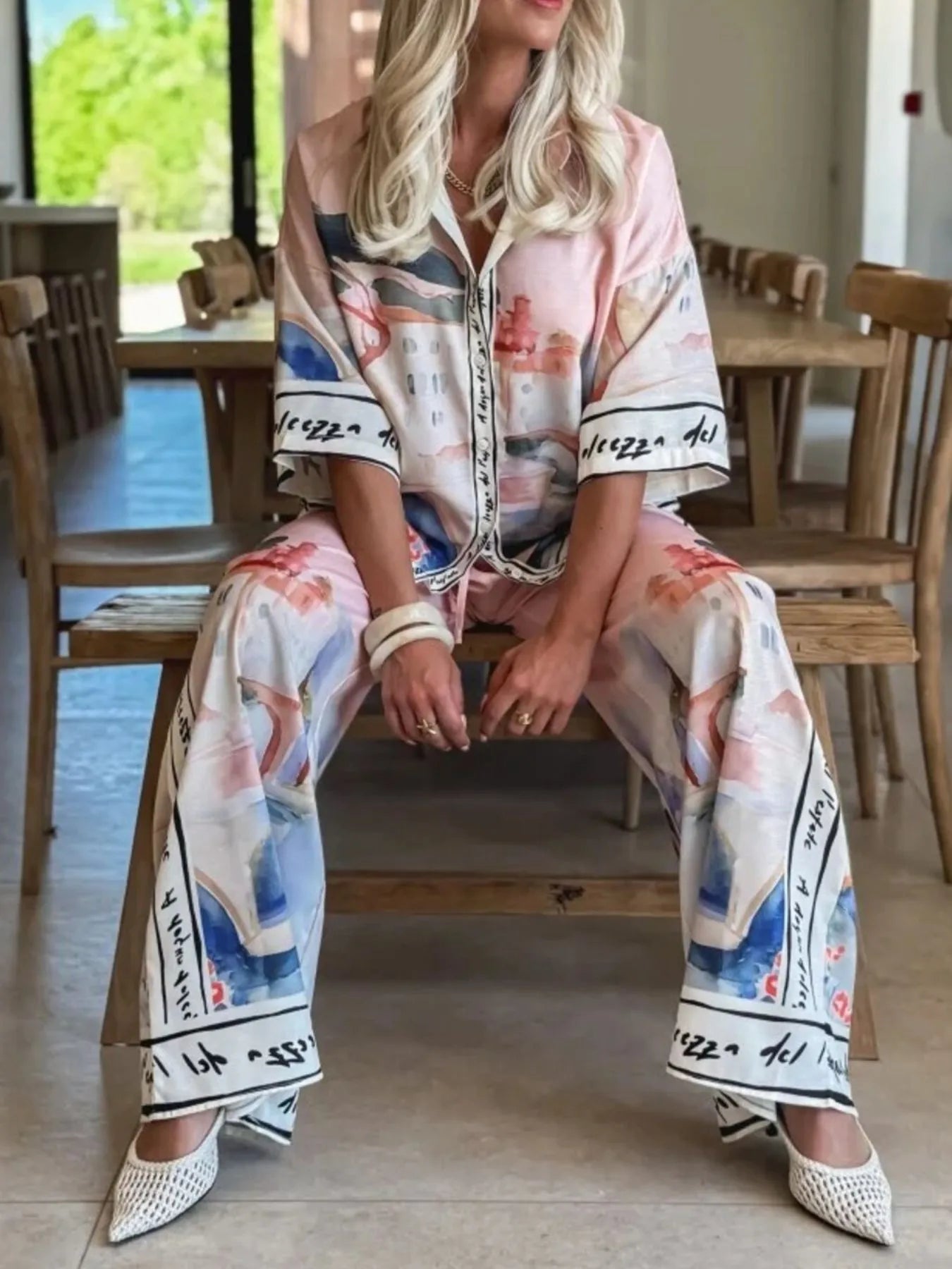 Printed Button Up Top and Pants Set OutfitFlow