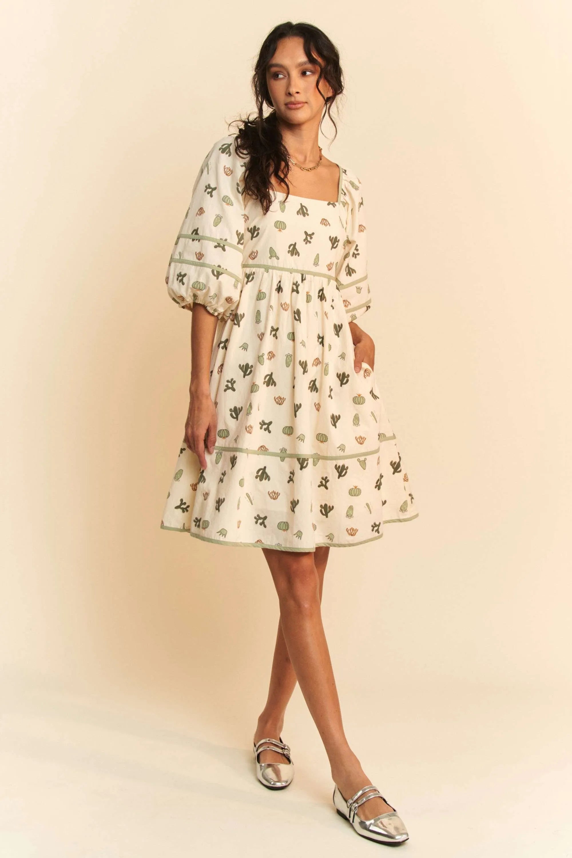 Davi & Dani Cactus Printed Poplin Contrast Piping Mini Dress OutfitFlow
