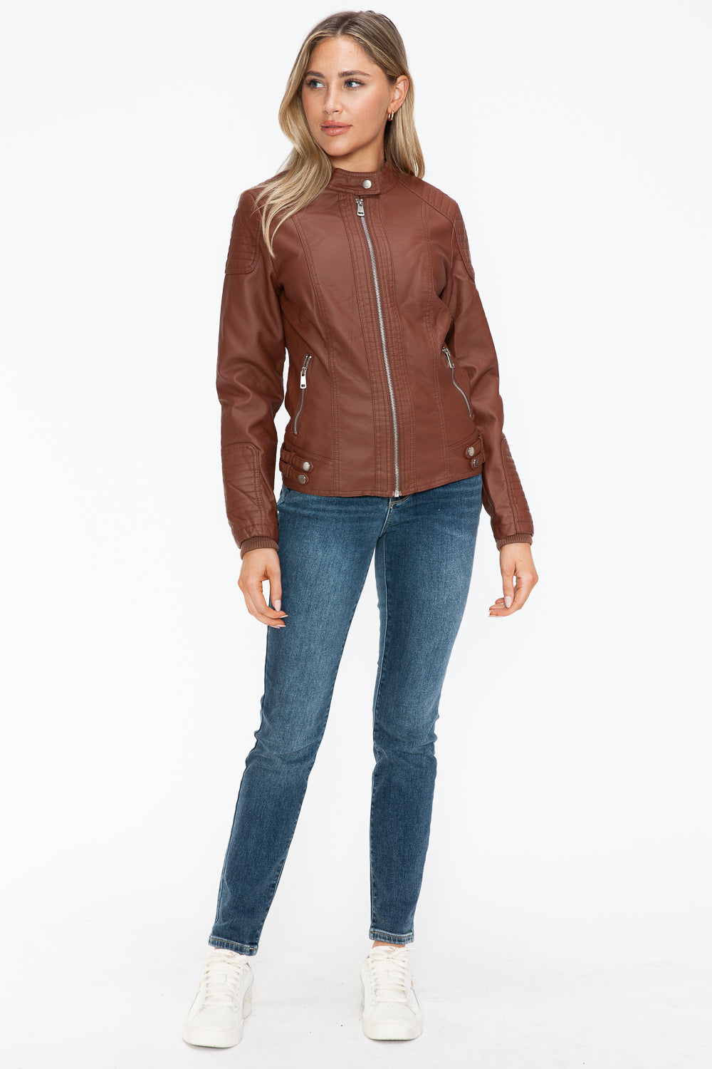 Outfit Flow - Snobbish Faux Leather Biker Jacket with Side Zip Pockets