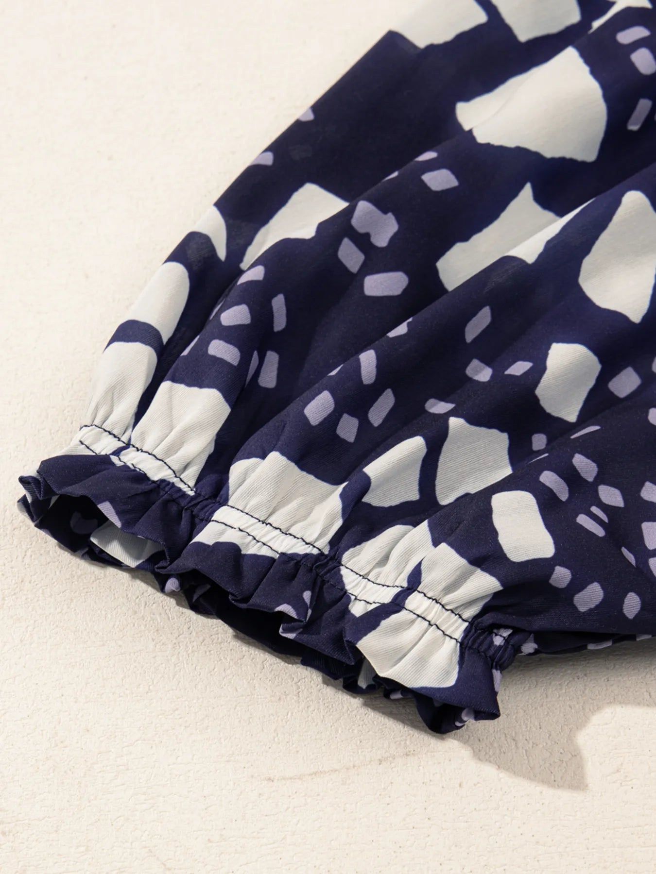 Abstract Print Frilled Puff Sleeve V Neck Blouse OutfitFlow