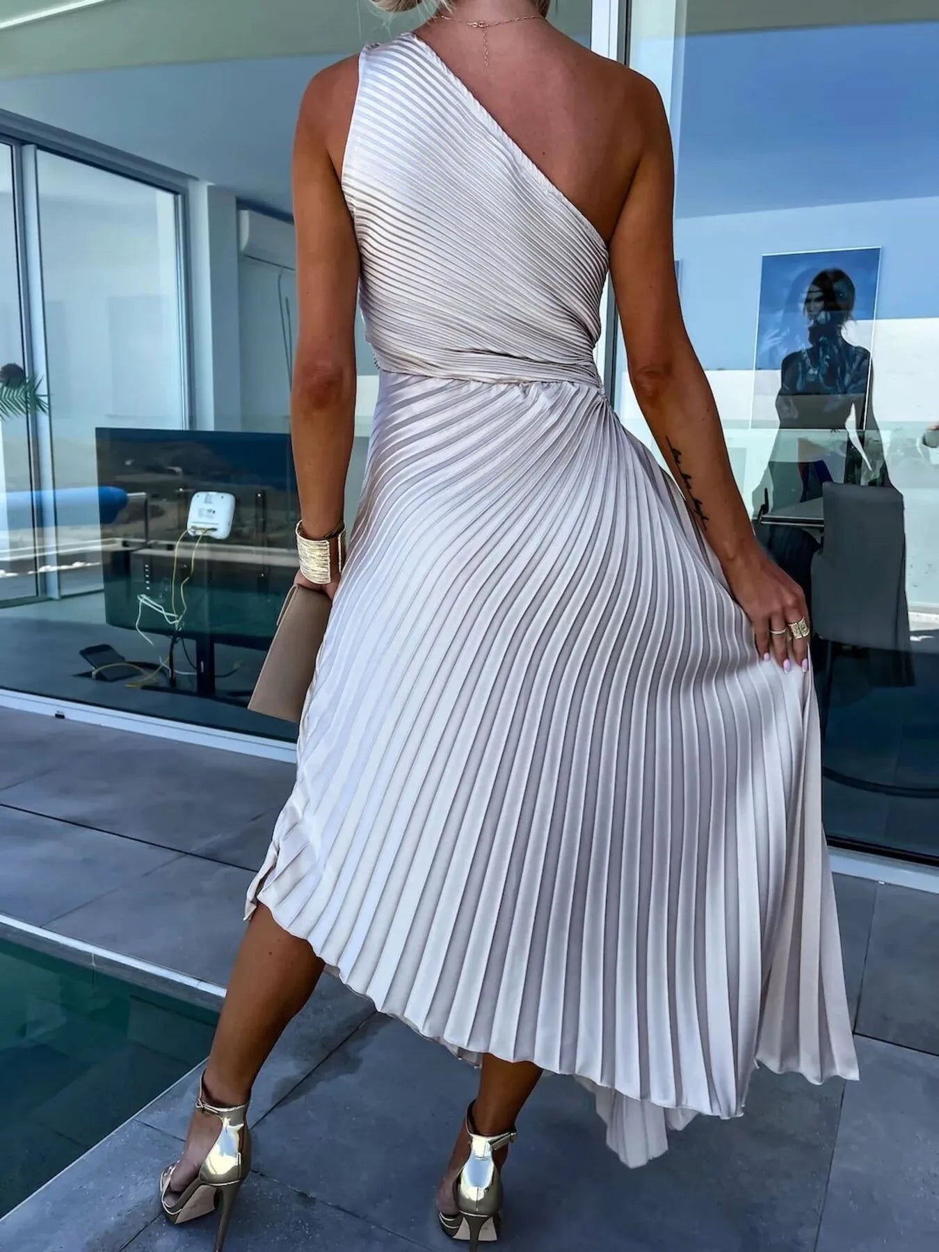 Full Size Single Shoulder Pleated Midi Dress Plus Size OutfitFlow