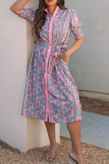Printed Shirred Sleeve Buttoned Front Midi Dress with Sash OutfitFlow