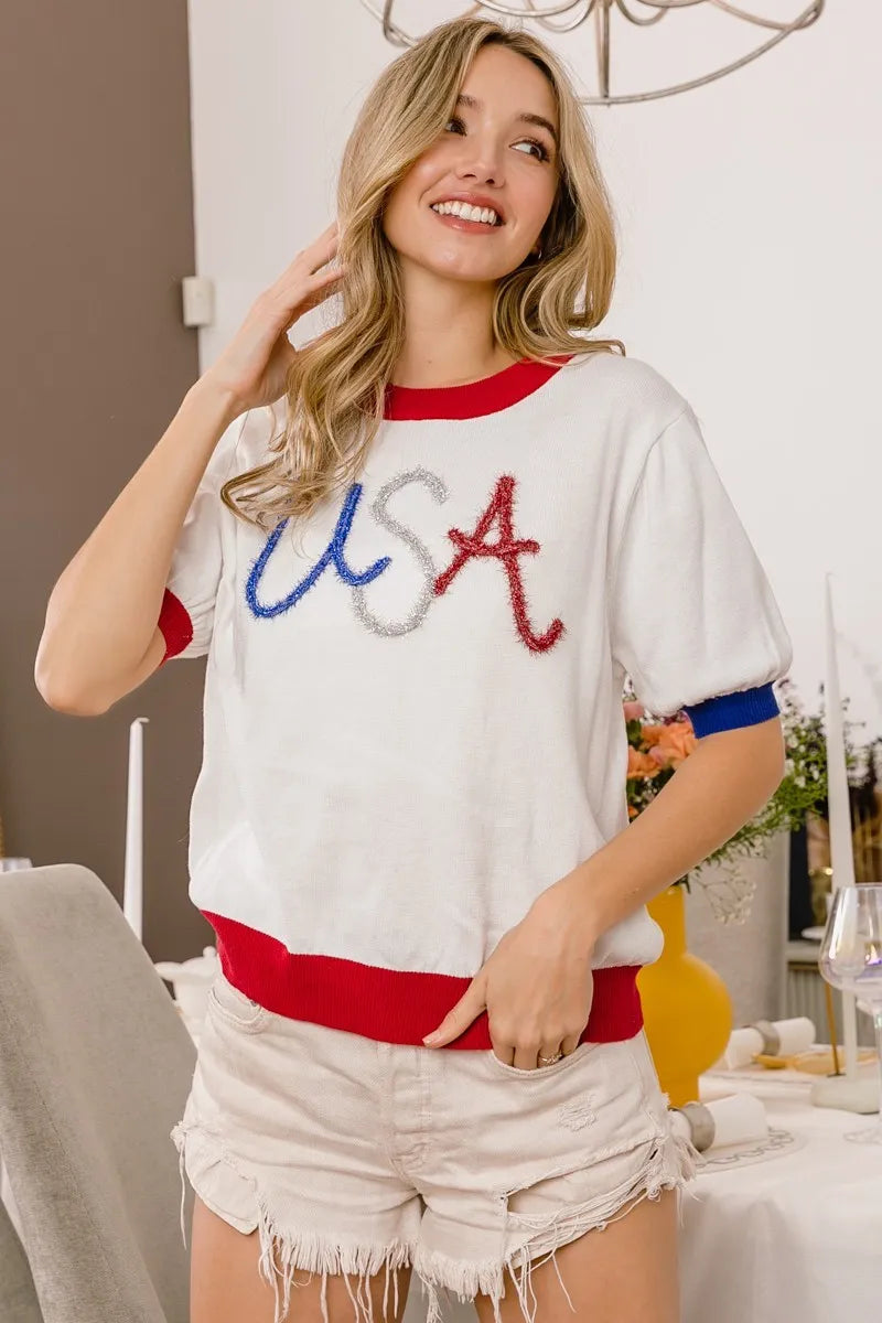 BiBi USA Metallic Letter Color Block Knit Top OutfitFlow