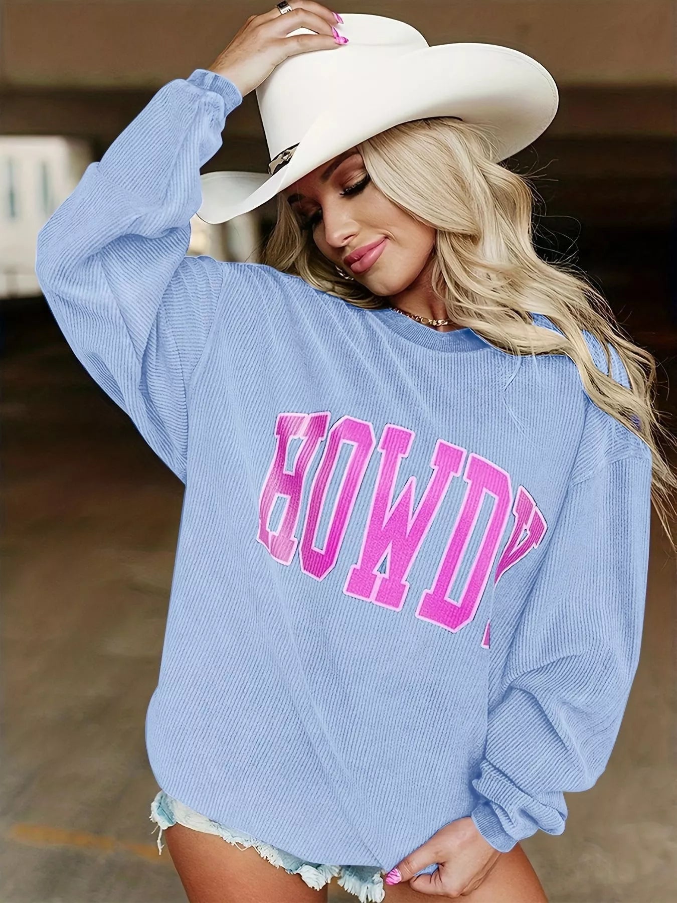 Full Size Howdy Round Neck Oversized Sweatshirt Plus Size Sky Blue OutfitFlow