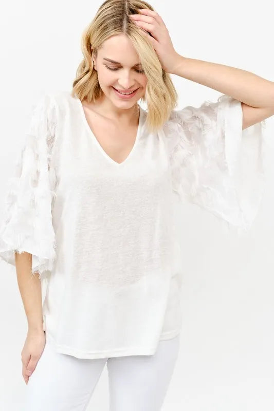 And The Why Feather Detailed 3/4 Sleeve Slub Top OFF WHITE OutfitFlow