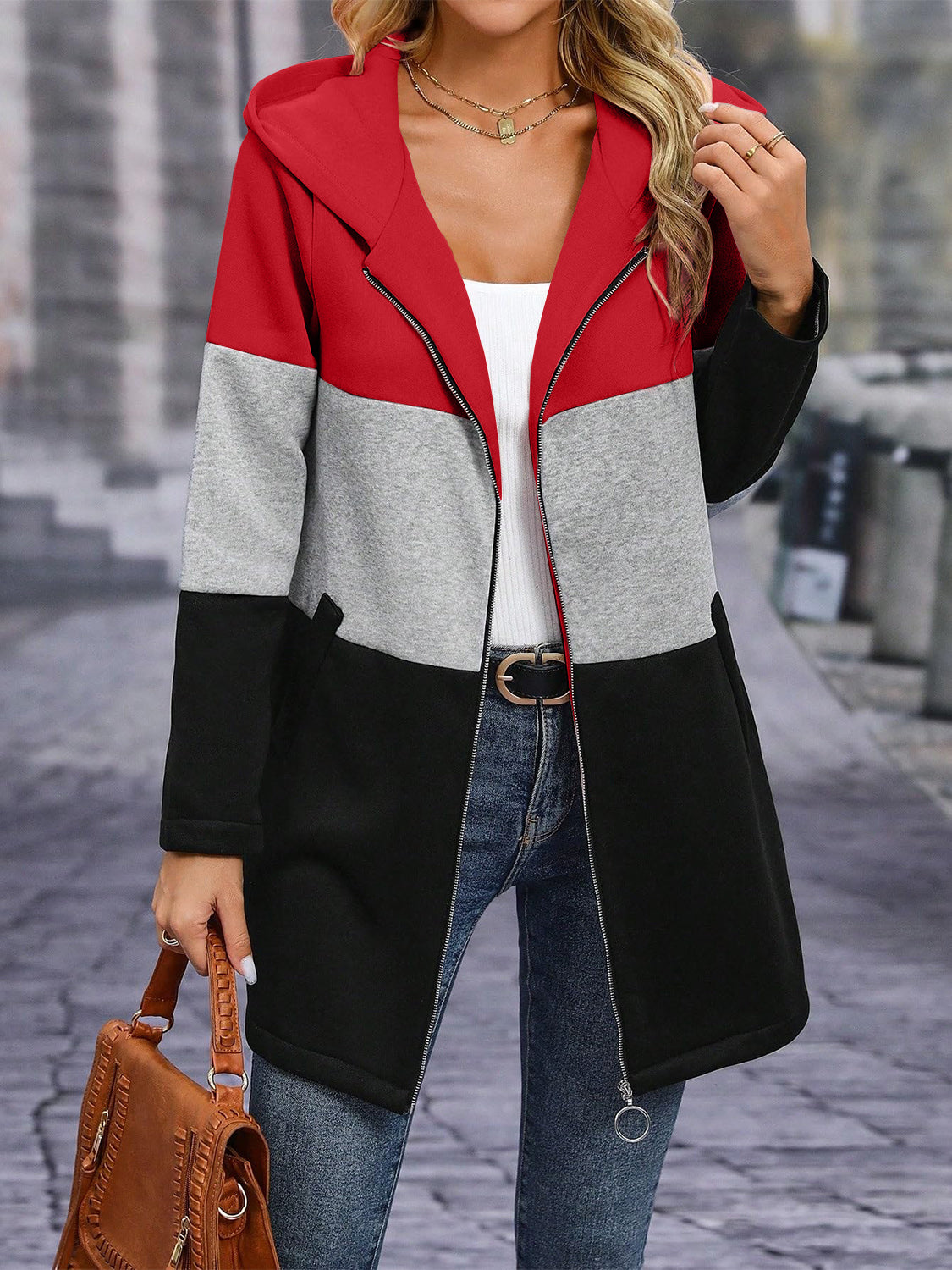 Outfit Flow - Color Block Zip Up Long Sleeve Hooded Outerwear