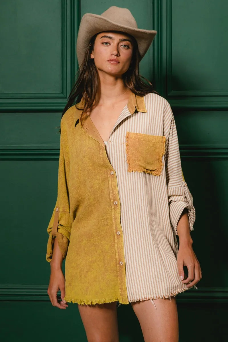 BiBi Washed Raw Hem Shirt OutfitFlow