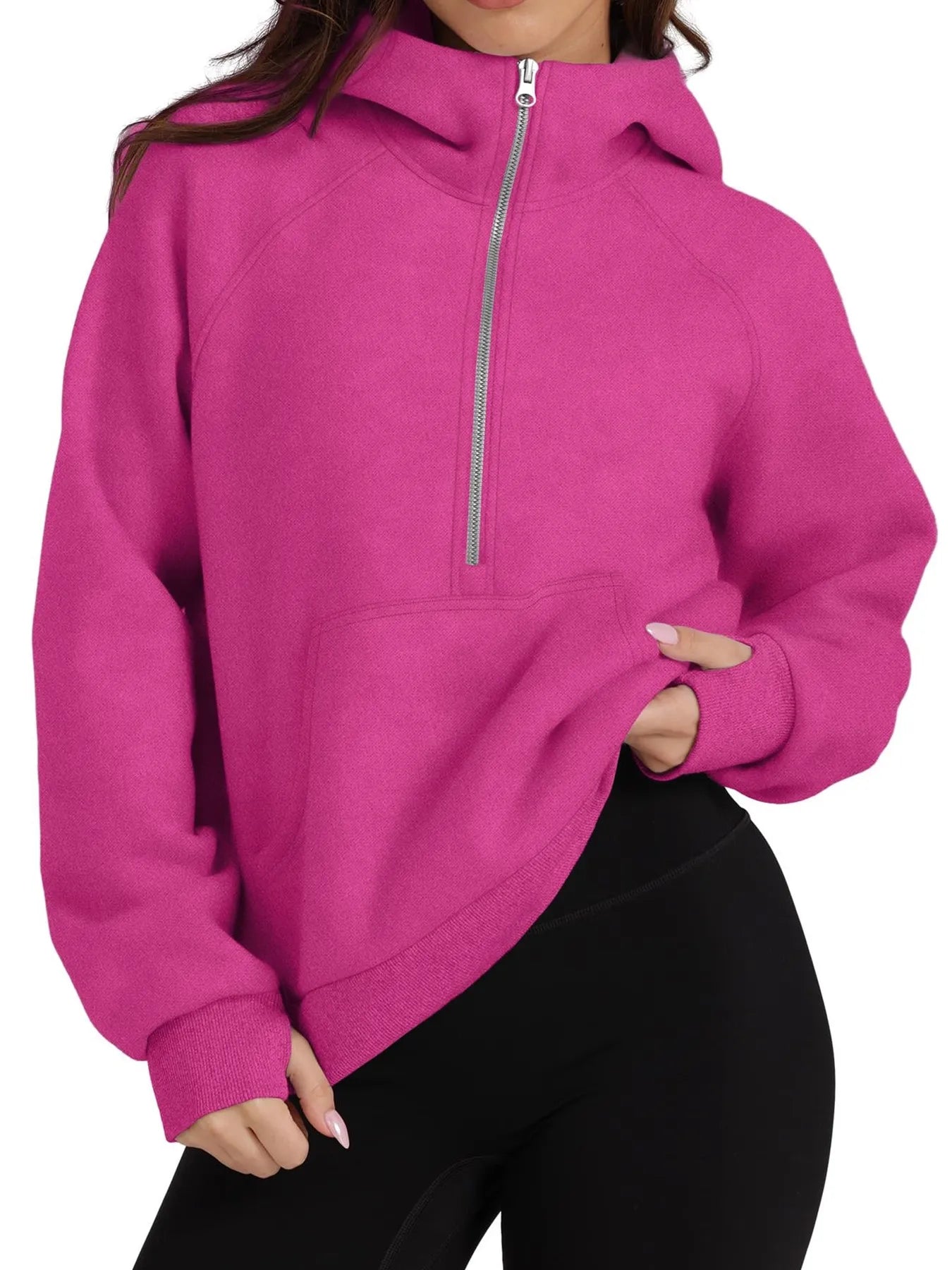 Half-Zip Hoodie with Kangaroo Pocket Rose Red OutfitFlow