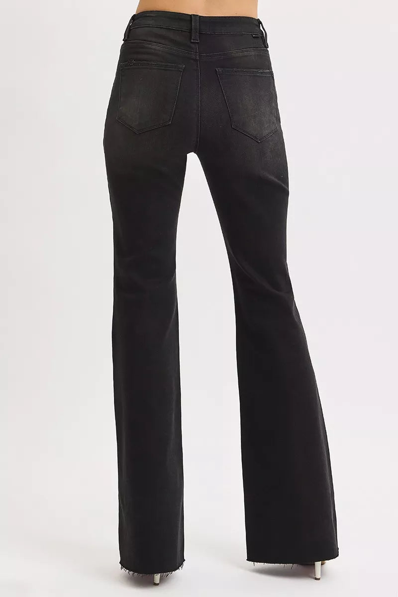 RISEN Full Size High Rise Flare Raw Cut Hem Jeans Plus Size OutfitFlow