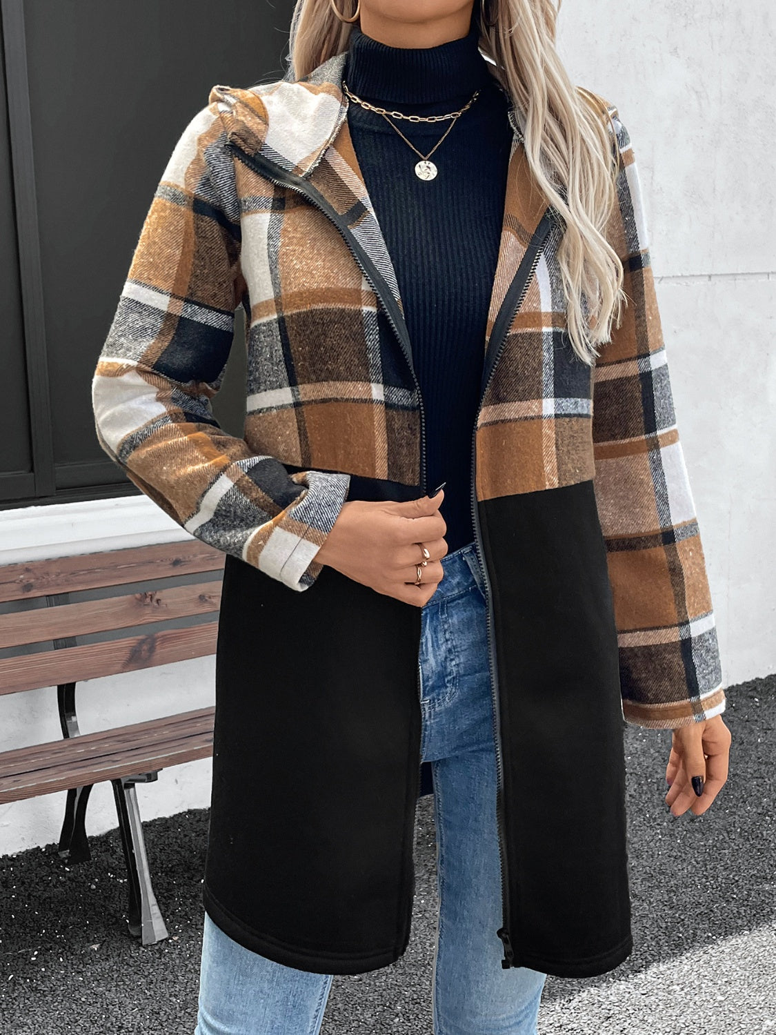 Outfit Flow - Plaid Zip Up Long Sleeve Hooded Outerwear