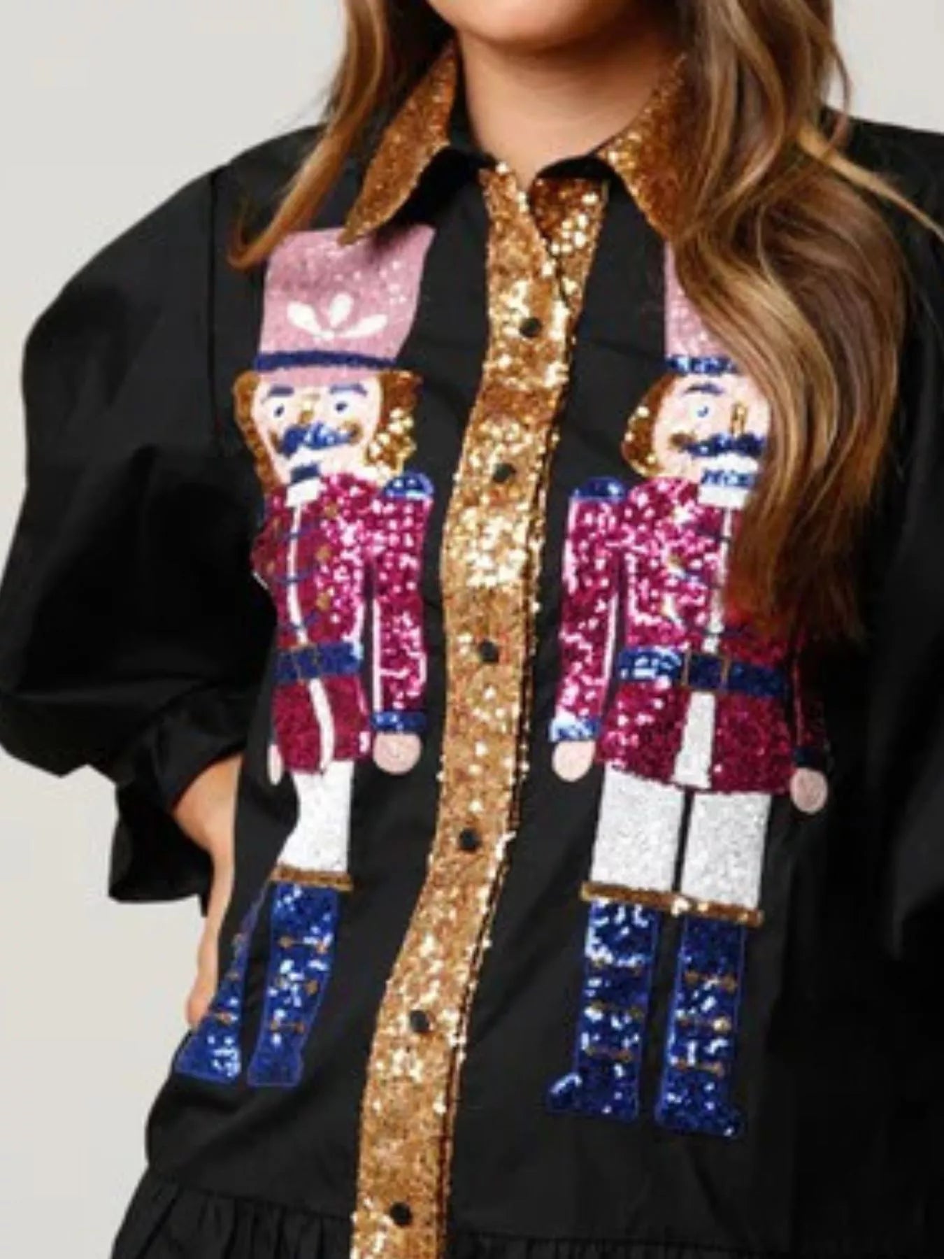 Full Size Christmas Sequin Nutcracker Tiered Shirt Dress Plus Size OutfitFlow