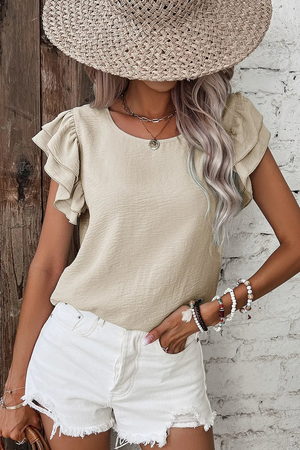 Solid Color Ruffled Short Sleeve Casual Blouse OutfitFlow