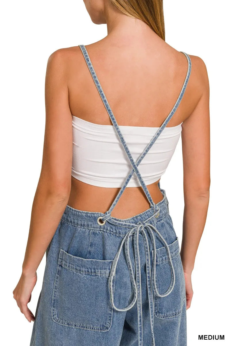 Zenana Denim Medium Washed Wide Leg Overalls Trendsi