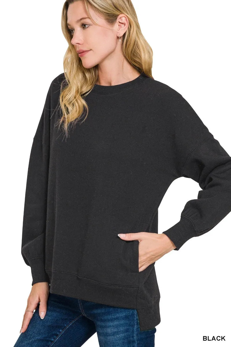 Zenana Full Size Fleece Hi-low Boyfriend Sweatshirts with Pockets Plus Size BLACK OutfitFlow