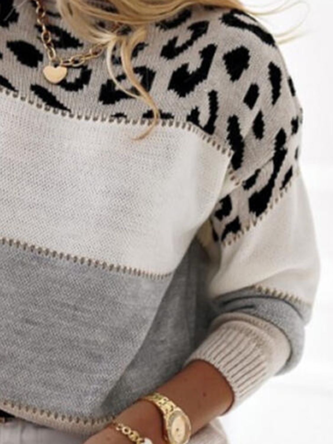 Outfit Flow - Leopard Color Block Round Neck Long Sleeve Sweater