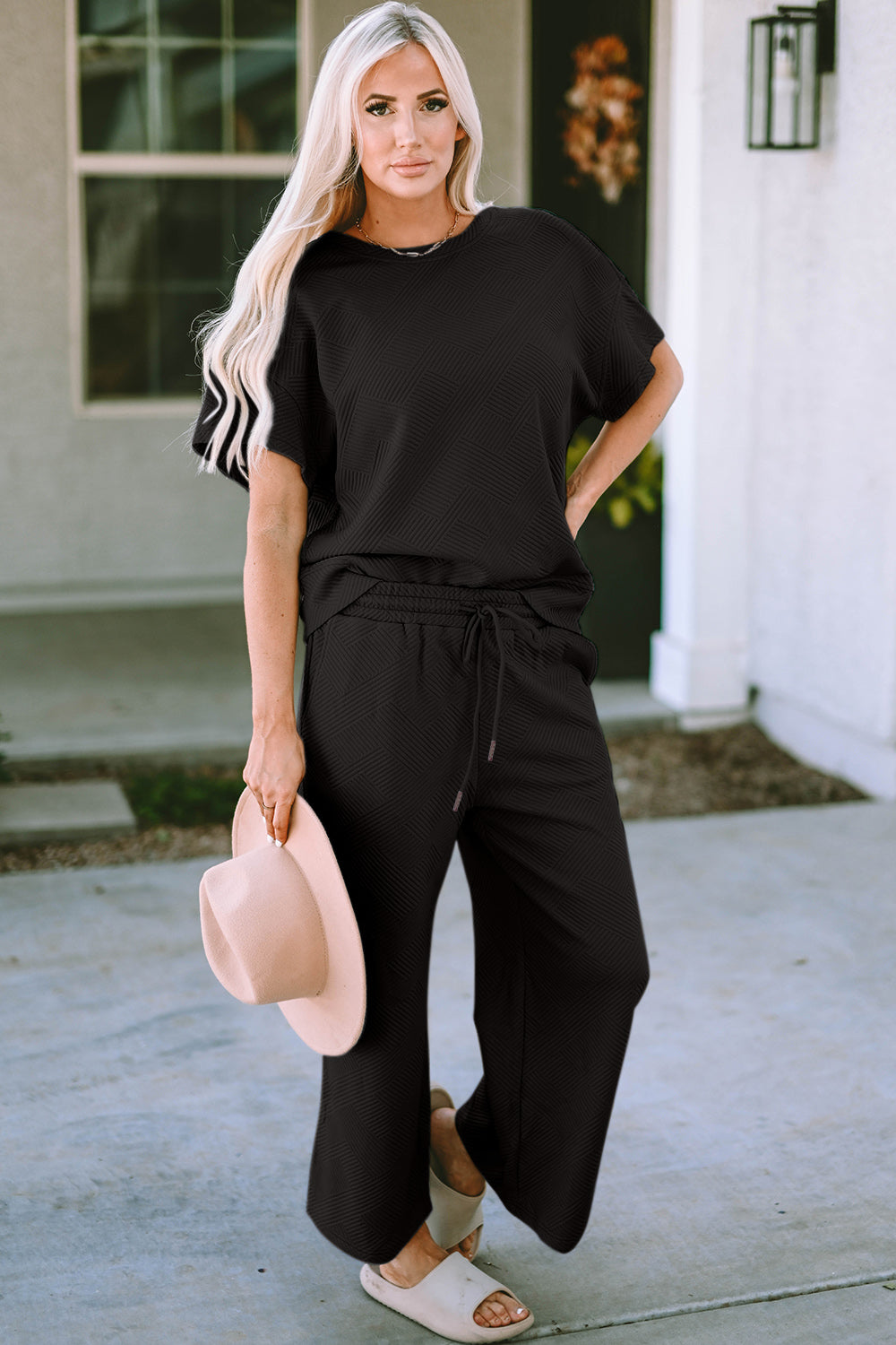 Double Take Full Size Texture Short Sleeve Top and Pants Set Black OutfitFlow