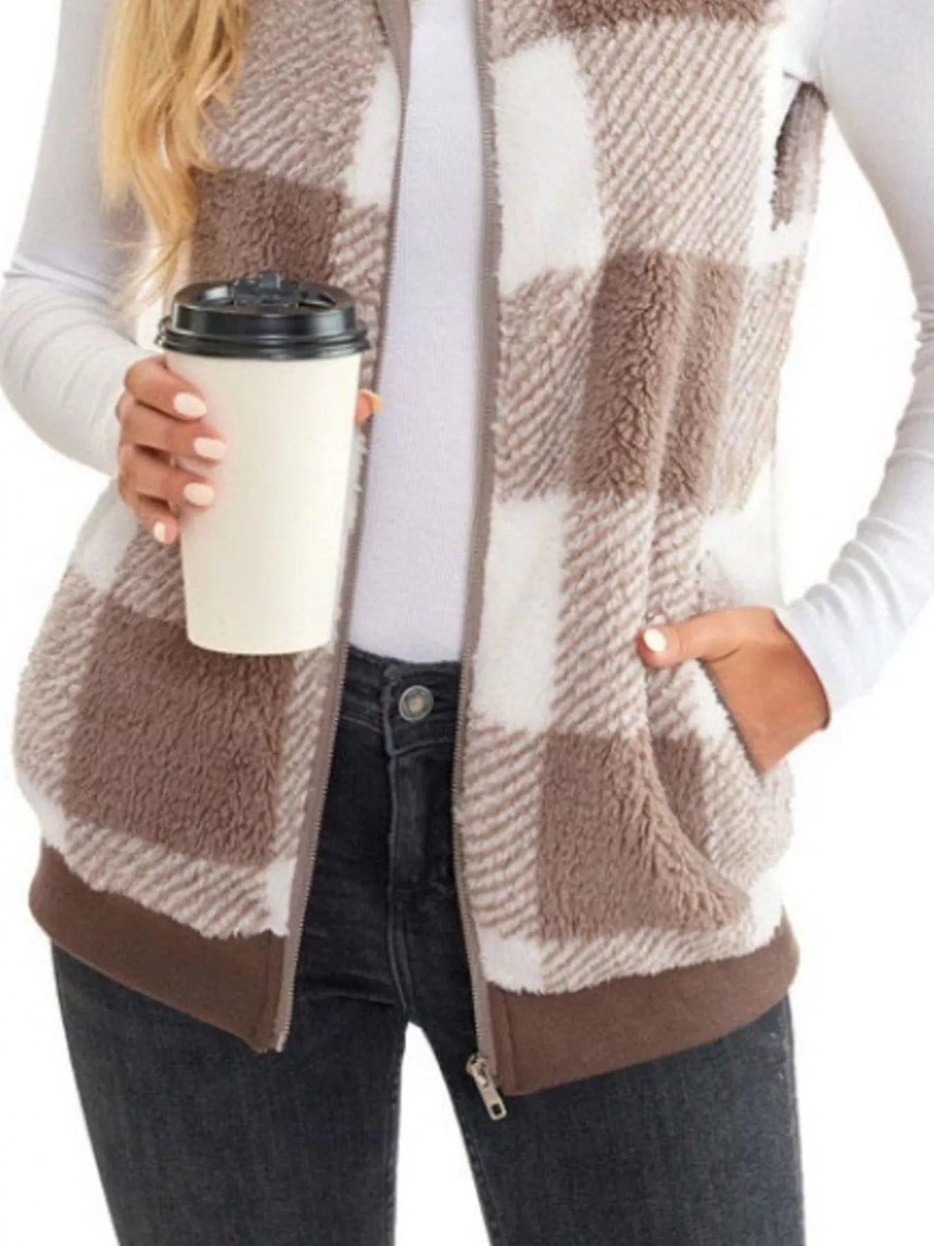 Full Size Color Block Zip Up Vest Coat Plus Size OutfitFlow