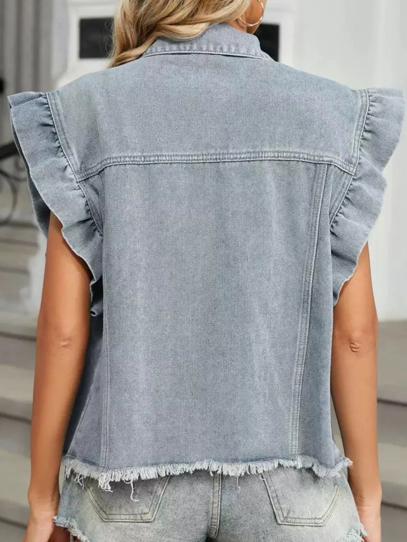 Ruffled Raw Hem Button Up Denim Jacket OutfitFlow