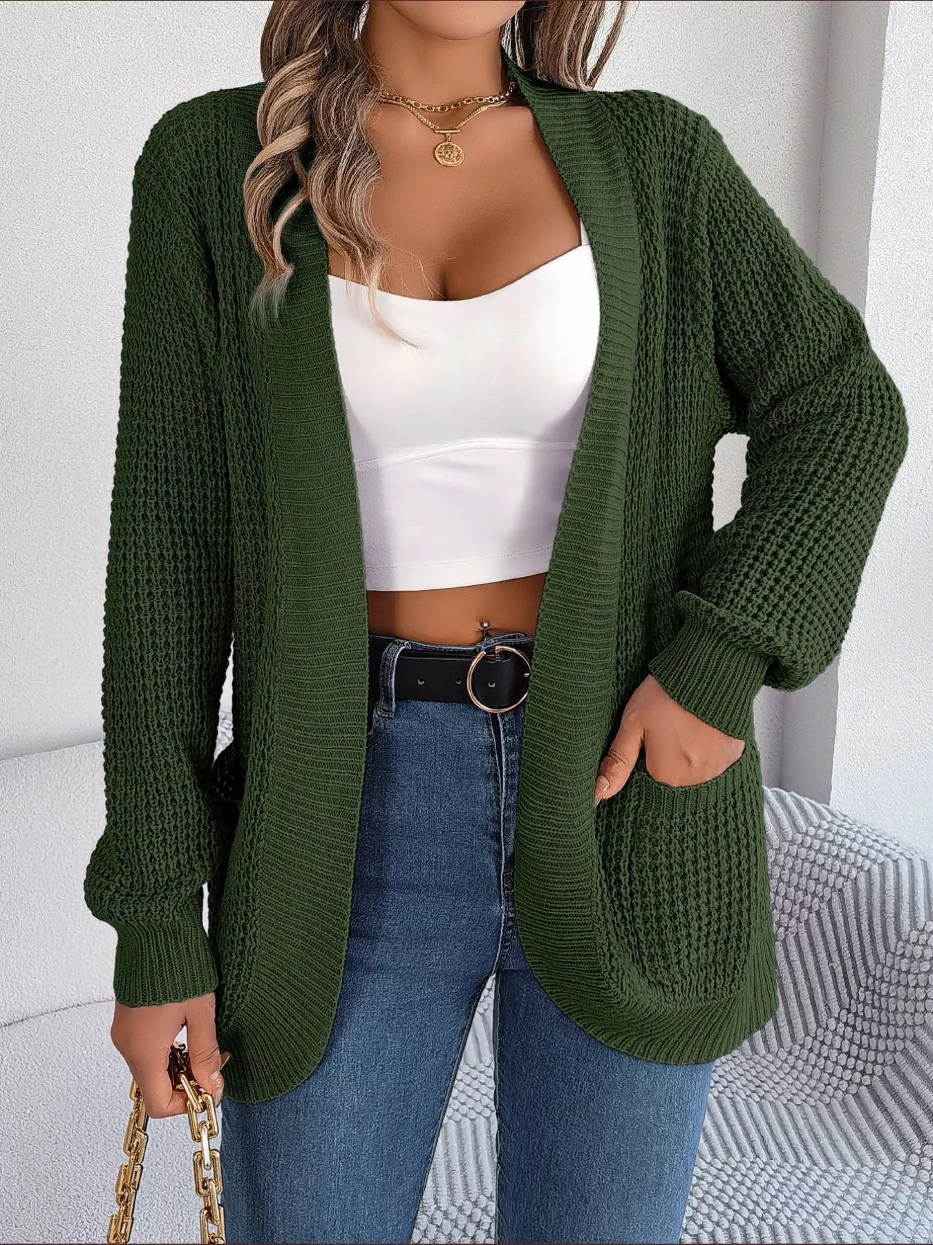 Chunky Knit Open Front Cardigan with Pockets OutfitFlow